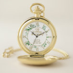 ANY Wedding Anniversary Gift - Personalised Pocket Watch<br><div class="desc">Elegant watercolor botanical,  greenery,  green leaves decorate this modern Wedding Anniversary Gift for couples,  parents,  friends and family,  co-workers. Add their names,  number of years married,  anniversary date and a verse,  love quote or details pertaining to their relationship creating a unique and much treasured keepsake gift.</div>
