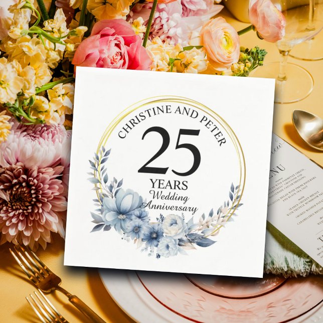 Any Wedding Elegant Blue Floral Anniversary Napkin (Creator Uploaded)
