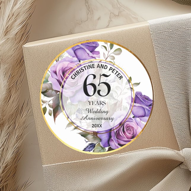 Any Wedding Gold Frame Purple Roses Anniversary Classic Round Sticker (Creator Uploaded)