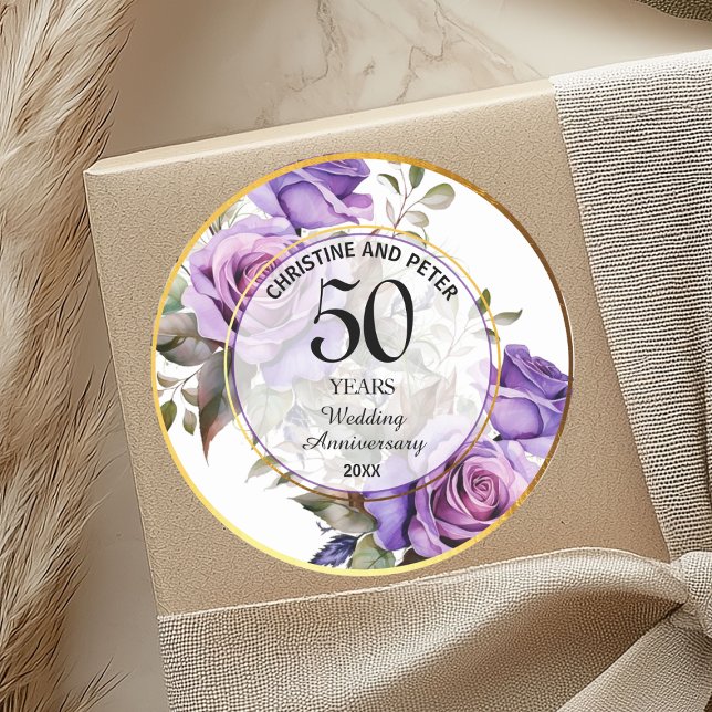 Any Wedding Gold Frame Purple Roses Anniversary Classic Round Sticker (Creator Uploaded)