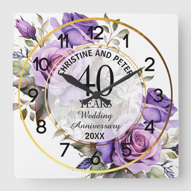 Any Wedding Gold Frame Purple Roses Anniversary  Square Wall Clock (Front)