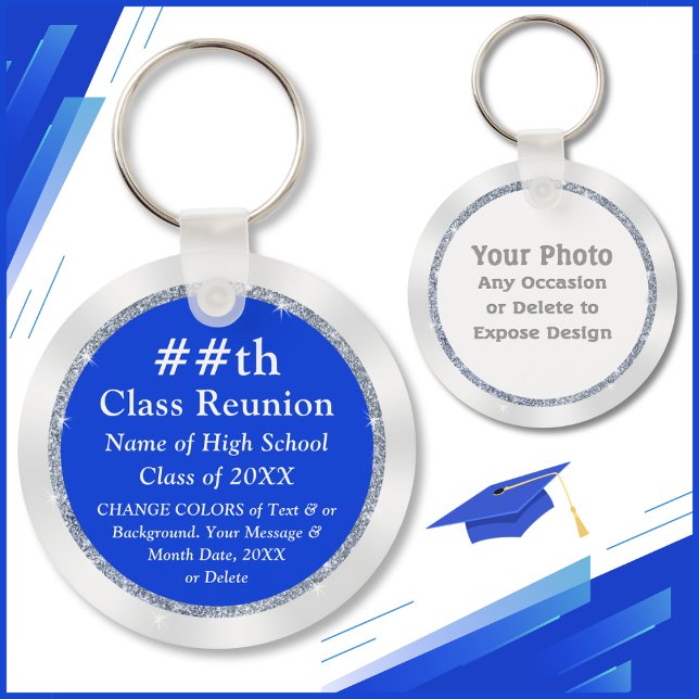 Any Year and Colours Cheap Class Reunion Gift Key Ring (Photo and Personalized, Class Reunion Favors with Photo, Logo. Blue Silver, Class Reunion giveaways.)