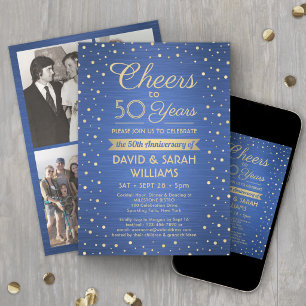 ANY YEAR Anniversary Cheers Confetti Blue and Gold Invitation
