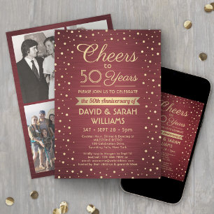 ANY YEAR Anniversary Cheers Confetti Burgundy Gold Invitation