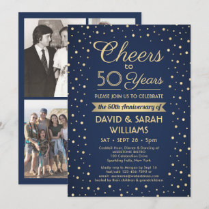 ANY YEAR Anniversary Cheers Confetti Navy and Gold Invitation