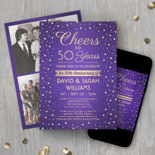 ANY YEAR Anniversary Cheers Confetti Purple & Gold Invitation