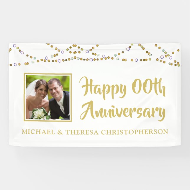 Any Year Anniversary Photo Gold String Lights Banner (Horizontal)