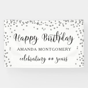 Any Year Birthday Confetti Script Black and Silver Banner