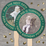 Any Year Birthday Elegant Green Gold 2 Photo 50th Hand Fan<br><div class="desc">Add a cool personalised touch to birthday party decorations with these elegant custom photo green and gold hand fans. All text is simple to customise. Design features 2 pictures of your choice, green faux brushed stainless steel border, and stylish curved modern typography editable text that reads "This kid is turning...</div>