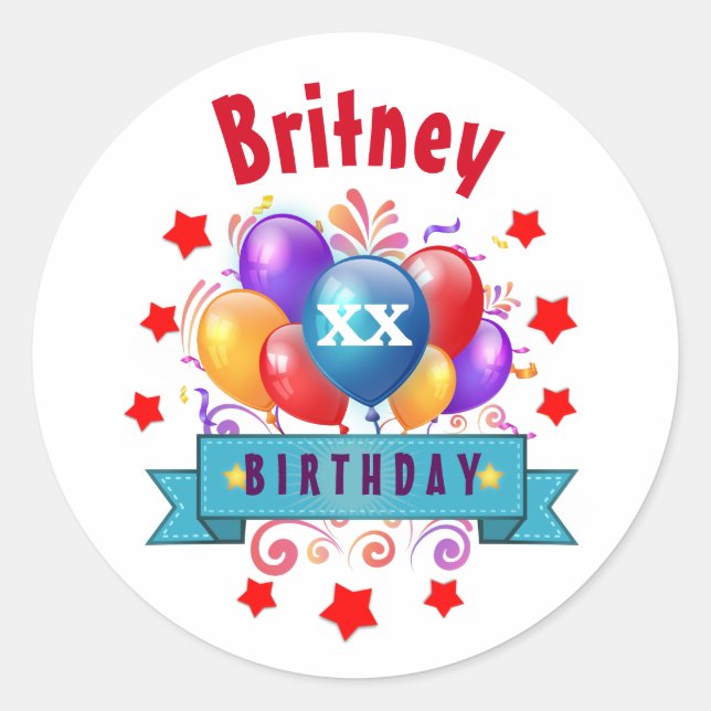 Any Year Birthday Festive Colourful Balloons V40D Classic Round Sticker (Front)