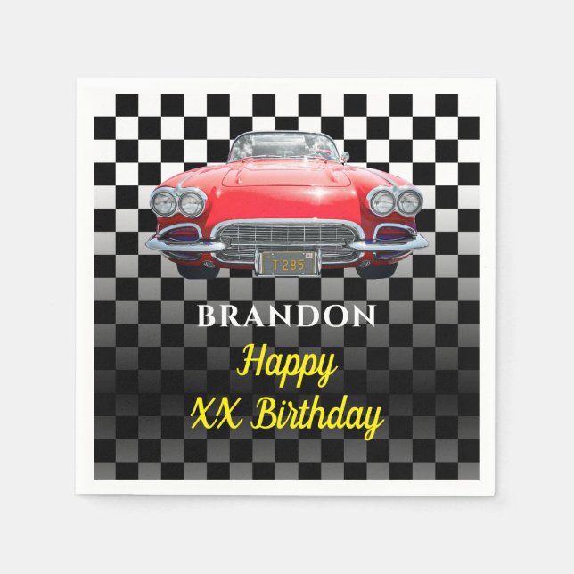 Any Year Birthday, Red Sport's Car, Name & Age B/W Napkin (Front)