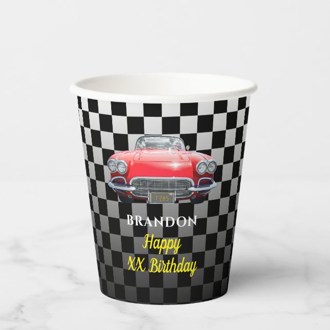 Any Year Birthday, Red Sport's Car, Name & Age B/W Paper Cups (Front)