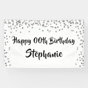 Any Year Birthday Silver Confetti Brush Script Banner