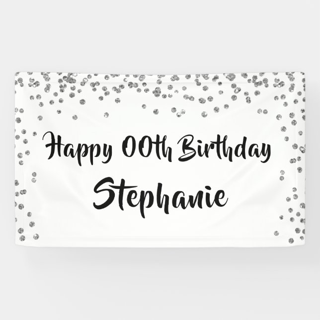 Any Year Birthday Silver Confetti Brush Script Banner (Horizontal)