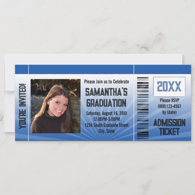 Any Year~ Blue Graduation Party Ticket Invitation (Front)