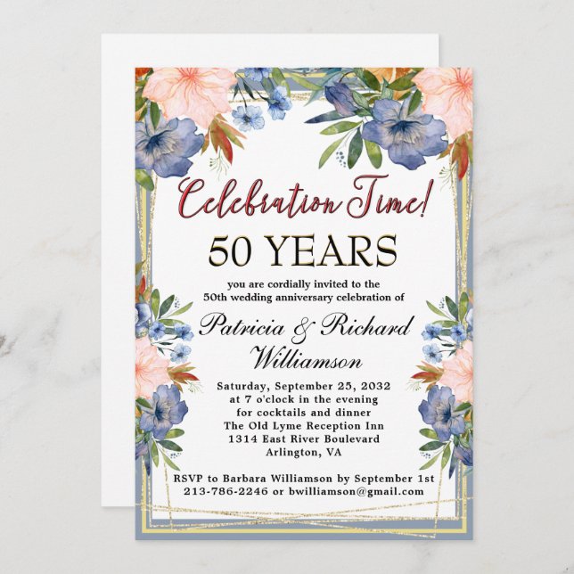 Any Year Chic Floral Custom Wedding Anniversary Invitation (Front/Back)