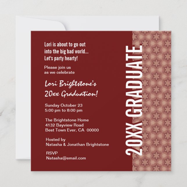 Any Year Graduation Burgundy and Pink Star Pattern Invitation (Front)
