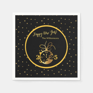Any Year Happy New Year's Black Gold Clock  Napkin