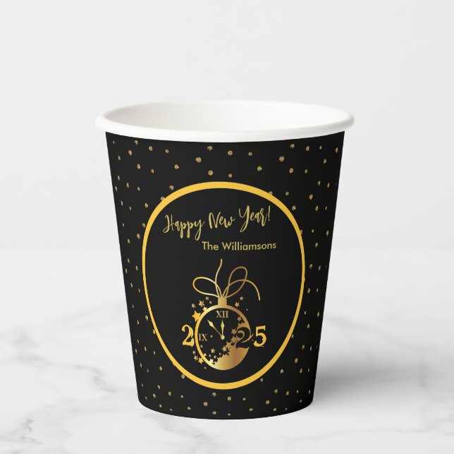 Any Year Happy New Year's Black Gold Clock  Paper Cups (Front)