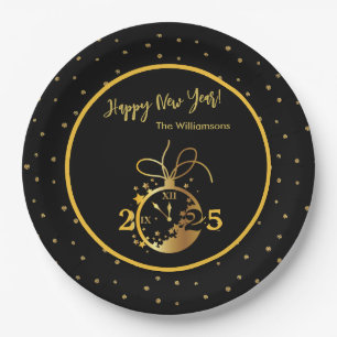 Any Year Happy New Year's Black Gold Clock Paper Plate