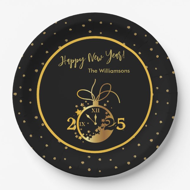 Any Year Happy New Year's Black Gold Clock  Paper Plate (Front)