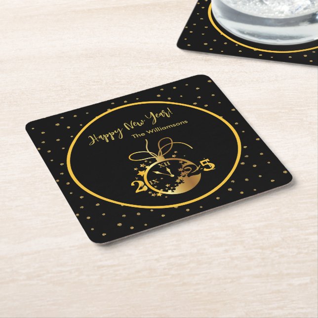 Any Year Happy New Year's Black Gold Clock  Square Paper Coaster (Angled)