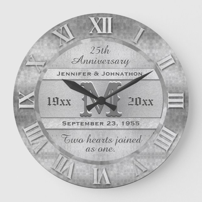 Any Year Silver Wedding Anniversary Large Clock (Front)