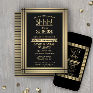 ANY YEAR Surprise Anniversary Elegant Black & Gold Invitation
