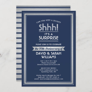 ANY YEAR Surprise Anniversary Navy Blue and Silver Invitation