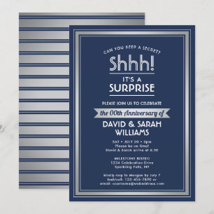 ANY YEAR Surprise Anniversary Navy Blue and Silver Invitation