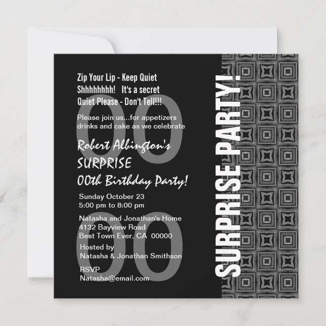 Any Year Surprise Birthday Modern Black White Grey Invitation (Front)