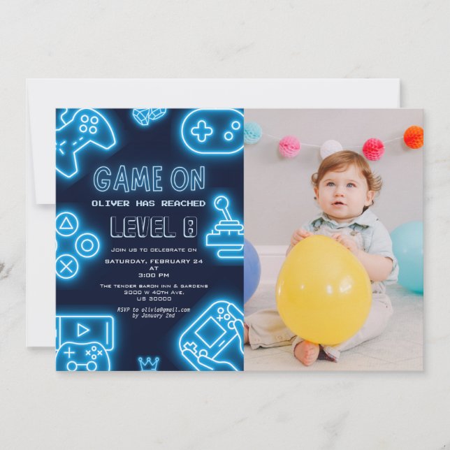 Any year video game photo birthday  invitation (Front)