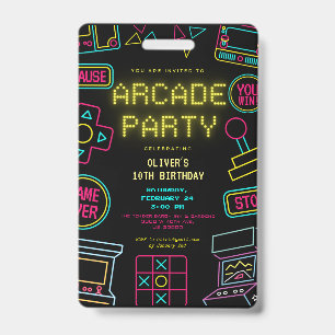 Any year video games arcade invitation birthday  ID badge