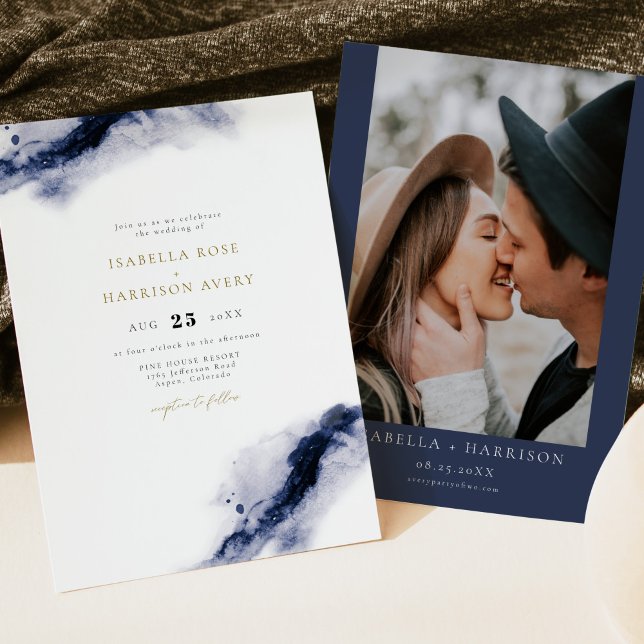 ANYA Bohemian Navy Blue Watercolor Wedding Invitation (Creator Uploaded)