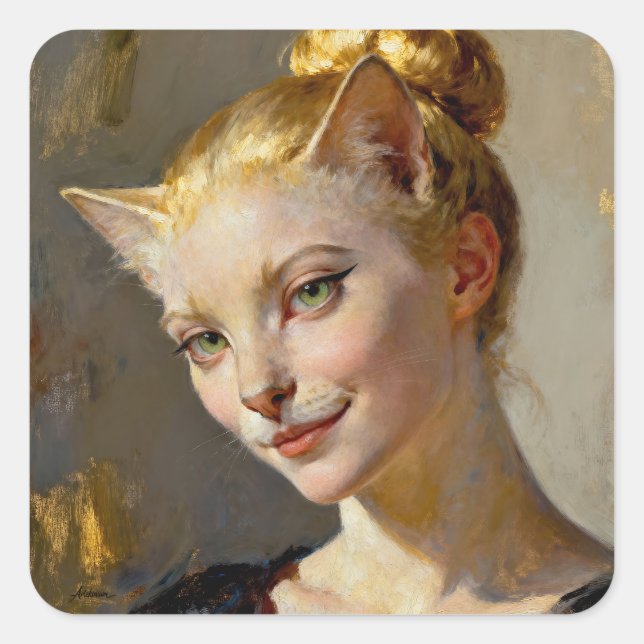 “Anya, Meticulously Content” – A Feminine Feline  Square Sticker (Front)