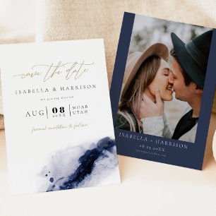 ANYA Navy Blue Watercolor and Gold Save the Date Invitation