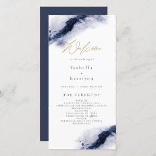 ANYA Navy Blue Watercolor Gold Wedding Program Thank You Card