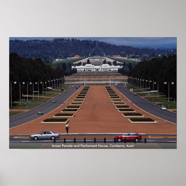 Anzac Parade and Parliament House, Canberra, Austr Poster (Front)