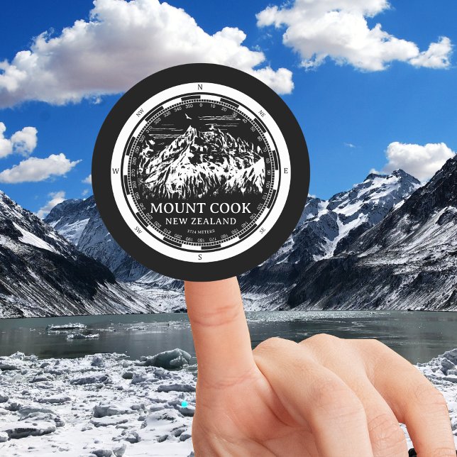 Aoraki Mount Cook - Canterbury New Zealand Classic Round Sticker (Mount Cook New Zealand Round Sticker in Back with a white compass and mountain illustration)