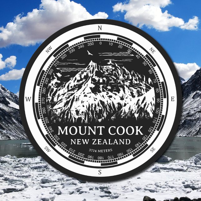 Aoraki Mount Cook - Canterbury New Zealand  Round Paper Coaster (Mount Cook New Zealand Coaster in Back with a white compass and mountain illustration)