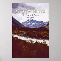 Aoraki Mount Cook National Park New Zealand Retro 