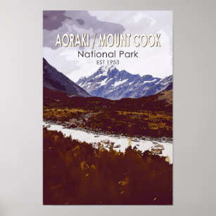 Aoraki Mount Cook National Park New Zealand Retro  Poster