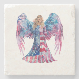^~* AP16 Patriotic Flag Angel Red White Blue Stone Coaster