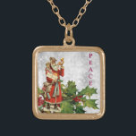 *~* AP40 Berry Vintage Retro St Nick Holly PEACE  Gold Plated Necklace<br><div class="desc">(search AP44 and also AP40 for similar items ) Dark Skin Saint Nicholas Bearing Gifts with a gold horn announcing his presence. Jewellery With Intention (r) Holly and Red Berries / Berry / and saint Nick Saint Nicholas as Nostalgic Old Fashioned Retro Antique Victorian Vintage Santa Clause and Holly foliage...</div>