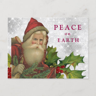 *~* AP44 Silver Vintage Santa Holly PEACE PHOTO  Holiday Postcard