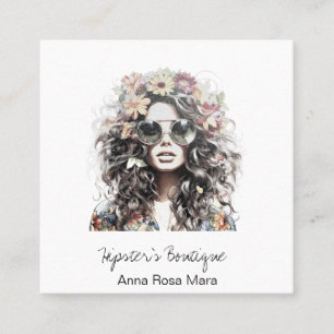 *~* AP57 Boho QR Floral Wild Hippie Girl Square Business Card