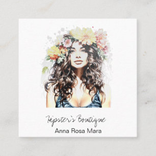 *~* AP57 Boho QR Floral Wild Hippie Woman Square Business Card