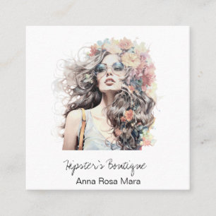 *~* AP57 Boho QR Flowers Hair Blone Hippie Girl Square Business Card