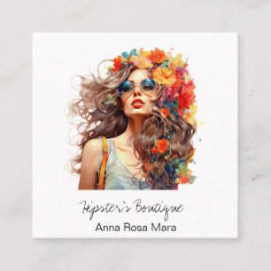 *~* AP57 Boho QR Flowers Hair Bold Hippie Girl Square Business Card