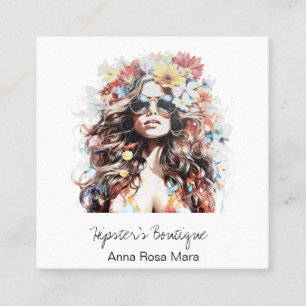 *~* AP57 Boho QR Wild Floral Hippie Woman Square Business Card